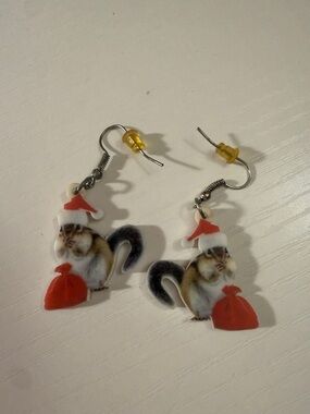 Chipmunk Santa Earrings - Red & White Holiday Charm